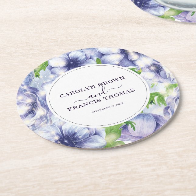 Floral Anemone Wedding Luxury Personalisiert Runder Pappuntersetzer (Angewinkelt)