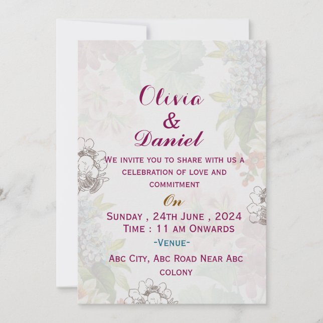 Floral Anglais Mariage Invitations (Devant)
