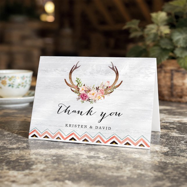 Floral Antler Rustic White Wood Boho Vielen Dank Dankeskarte (Von Creator hochgeladen)