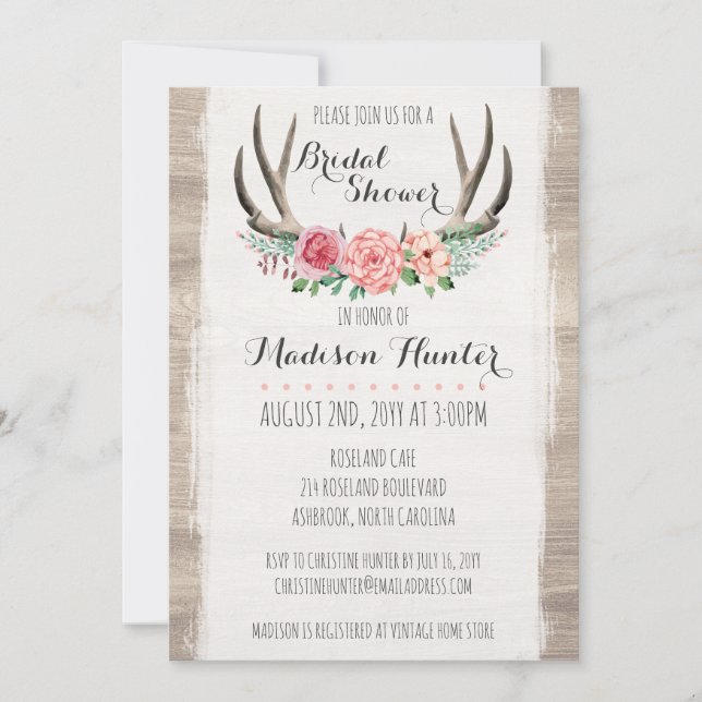 Floral Antlers Rustic Wedding Brautparty Custom Einladung (Vorderseite)