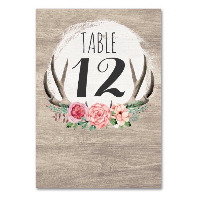Floral Antlers Rustic Wood Custom Wedding Tischnummer (Vorderseite)