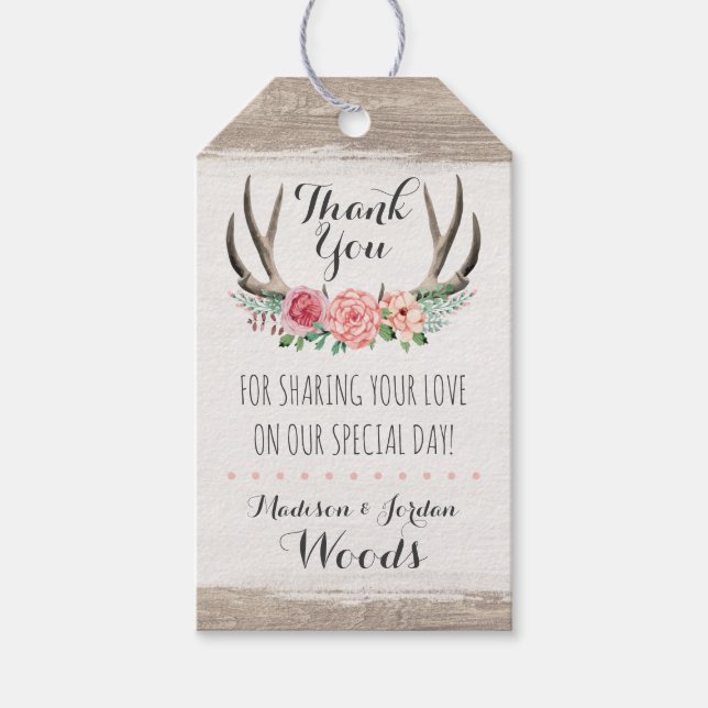 Floral Antlers Rustic Wood Wedding Vielen Dank Geschenkanhänger (Vorderseite)