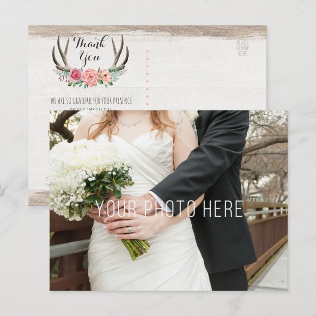 Floral Antlers Rustic Wood Wedding Vielen Dank Postkarte (Vorne/Hinten)