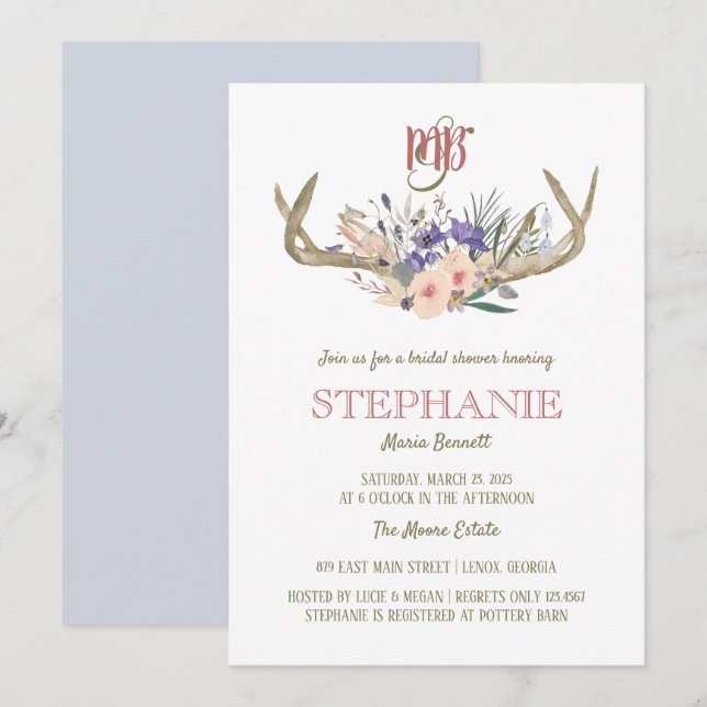 Floral Antlers Rustikales Brautparty Einladung (Vorne/Hinten)