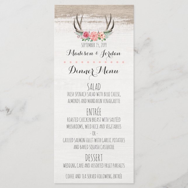 Floral Antlers Rustikales Menü für Hochzeiten nach Menükarte (Vorderseite)