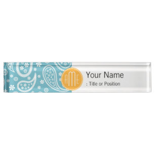 Floral Aqua Blue Paisley Muster & Yellow Monogram Namensplakette