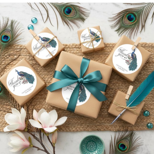 Floral Aquamarin Peacock Vielen Dank Runder Aufkleber (Elegant Peacock Wedding Thank You Stickers. Black Script, Chic Blue Teal Peacock for Bridal Shower)