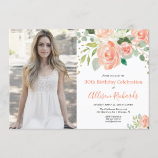 Floral Aquarell Erwachsenengeburtstag Foto Einladung