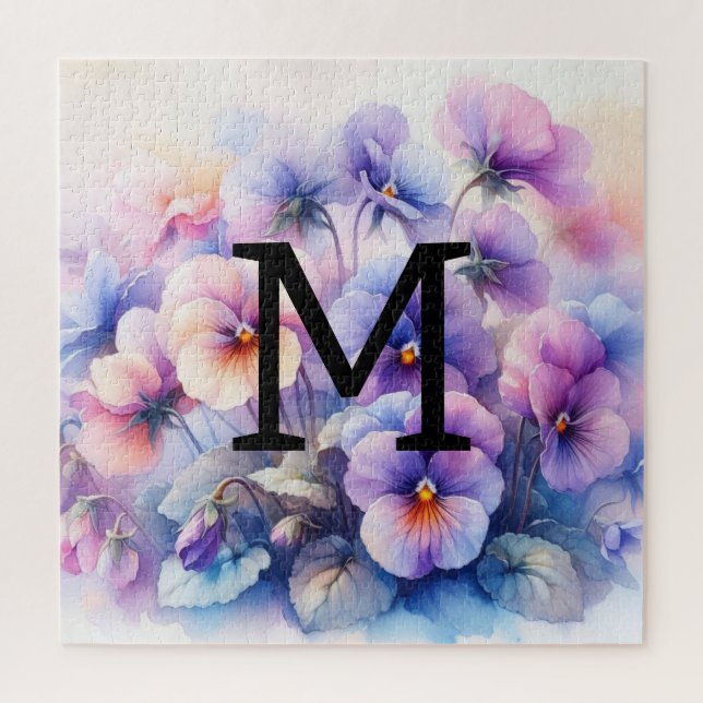 Floral Aquarell Monogramm lila Stiefmütterchen (Vertikal)