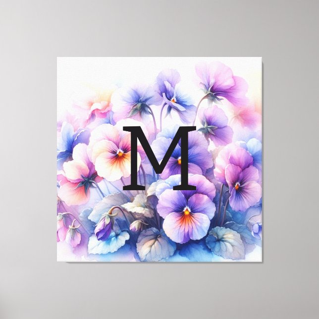 Floral Aquarell Monogramm lila Stiefmütterchen Leinwanddruck (Vorderseite)