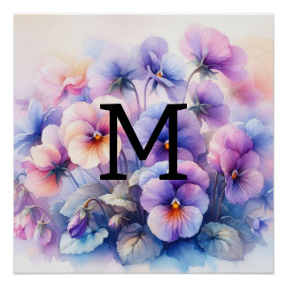 Floral Aquarell Monogramm lila Stiefmütterchen Poster