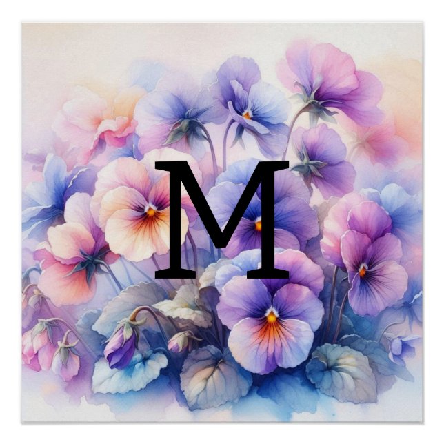 Floral Aquarell Monogramm lila Stiefmütterchen Poster (Vorderseite)