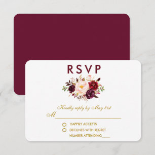 Floral Aquarelle Bourgogne Gold Wedding RSVP