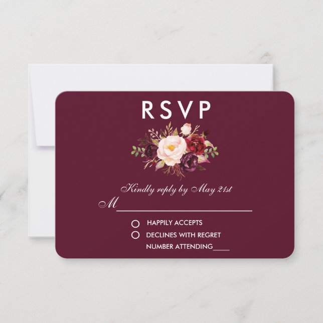 Floral Aquarelle Bourgogne Mariage RSVP (Devant)