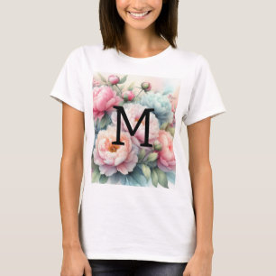 Floral Aquarellfarben Monogramm Rosa Blaue T-Shirt
