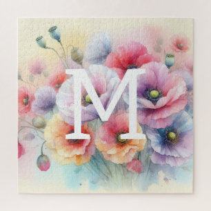 Floral Aquarellfarben Monogramm rosa Mohnblütenblü