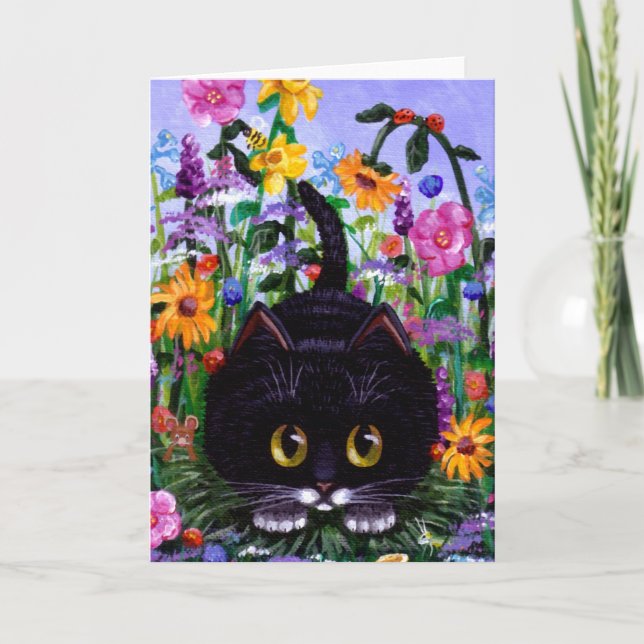 Floral Art Black Tuxedo Cat Blume Creationarts Karte (Vorderseite)