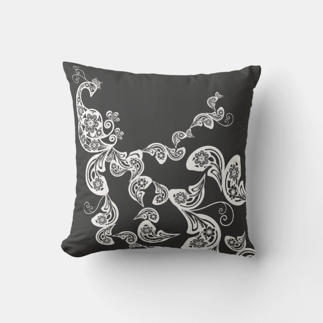 Floral Art Deco Pfauenmuster Weißes Kissen (Vorderseite)