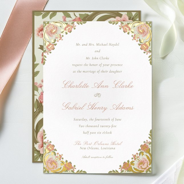 Floral Art Déco Sage Green Foil Invitation (Créateur téléchargé)