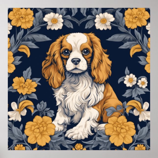 Floral Art Nouveau King Charles Cavalier Spaniel Poster (Vorne)