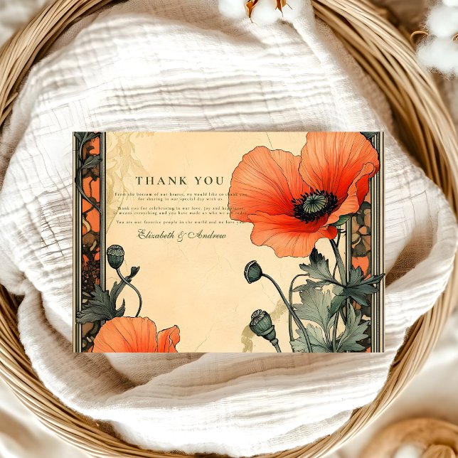 Floral Art Nouveau Poppy Wedding Dankeskarte (Von Creator hochgeladen)