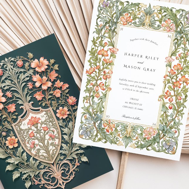 Floral Art Nouveau Wedding Bougainvillea Shield Einladung (Von Creator hochgeladen)