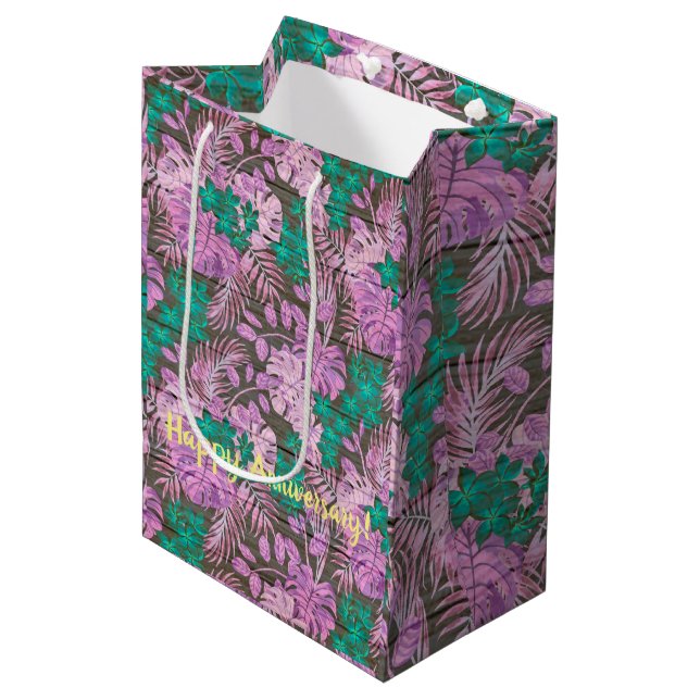 Floral auf Holz Populäre Anpassung von Text Mittlere Geschenktüte (Vorderseite Schrägansicht)