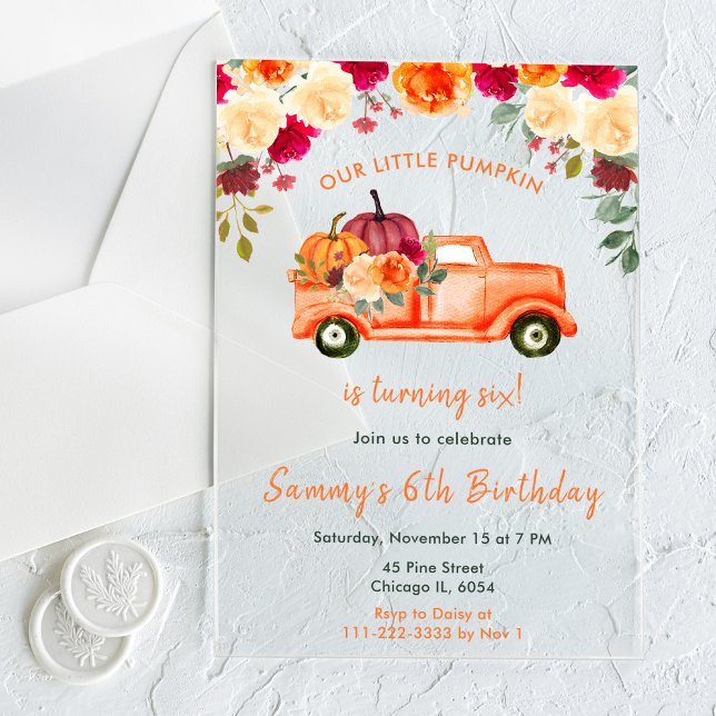 Floral Autumn Pumpkin Truck Birthday Party Acryleinladungen (Von Creator hochgeladen)