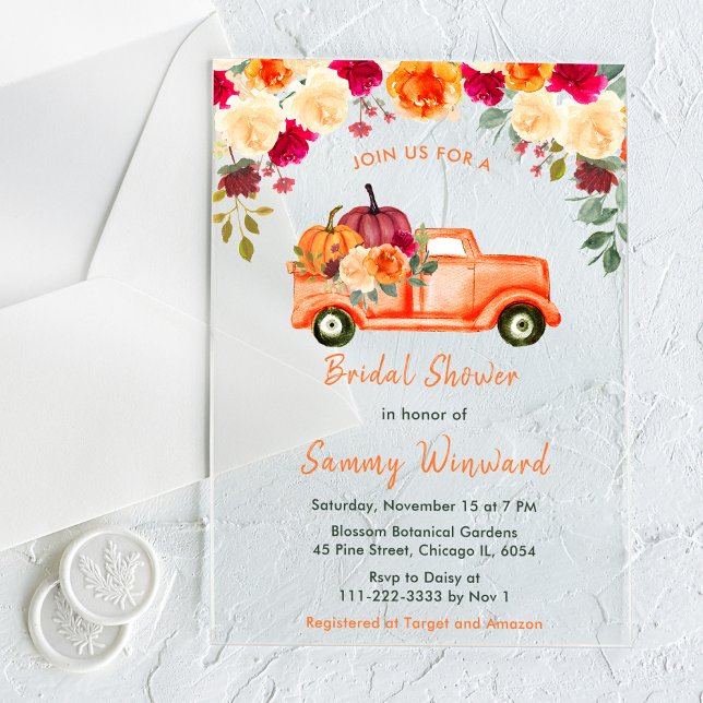 Floral Autumn Pumpkin Truck Brautparty Acryleinladungen (Von Creator hochgeladen)