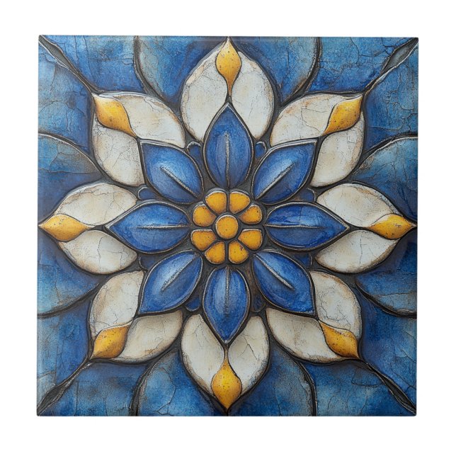 Floral Azulejo Blau Weiß und Gelb Fliese (Vorderseite)