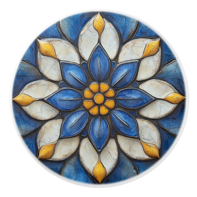 Floral Azulejo Blau Weiß und Gelb Keramikknauf (Vorderseite)