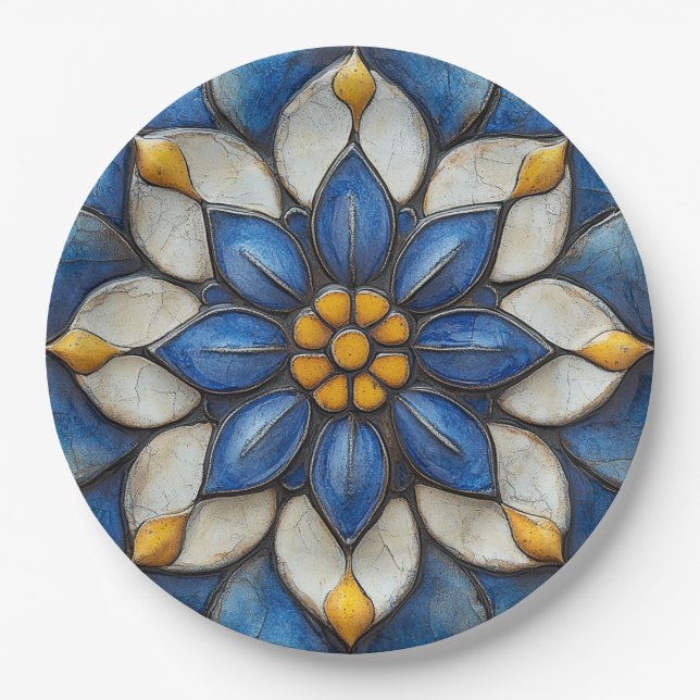 Floral Azulejo Blau Weiß und Gelb Pappteller (Vorderseite)