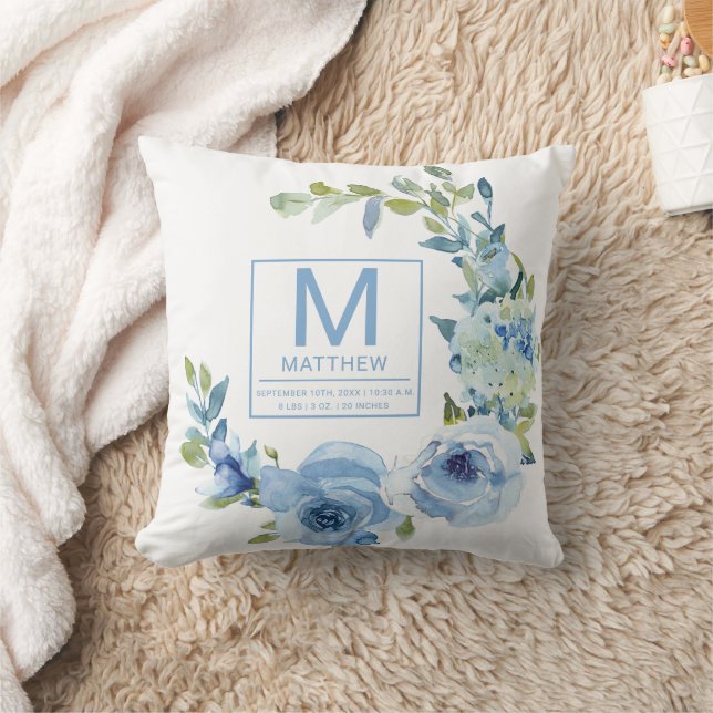 Floral Baby Blue Birth Stats Newborn Baby Kissen (Decke)