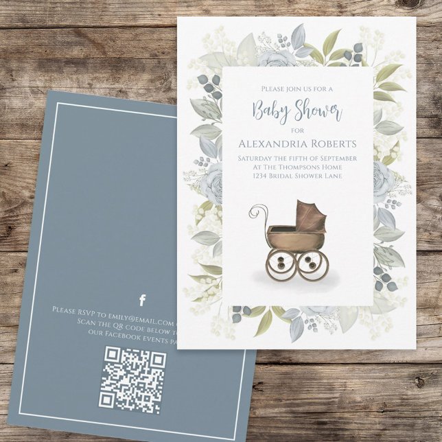 Floral Baby Blue QR Code Social Media Einladung (Von Creator hochgeladen)
