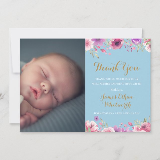 Floral Baby Boy Foto Script Danke Pink Birth Ankündigung (Vorderseite)