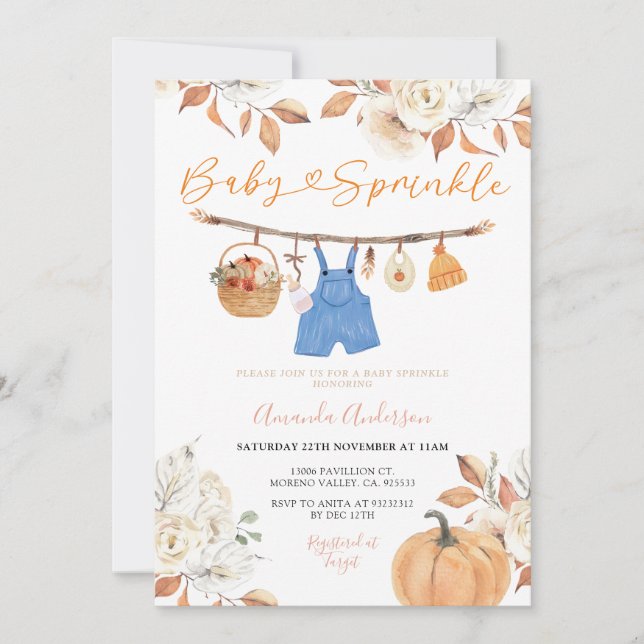 Floral Baby Clothesline Pumpkin Fall Baby Sprinkle Einladung (Vorderseite)
