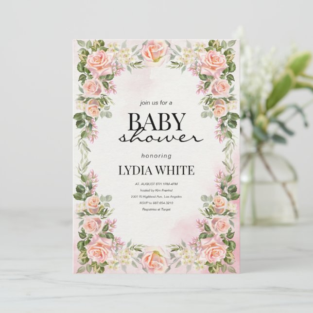 Floral Baby Dusche Rosa Mädchen Dusche Baby Einladung (Stehend Vorderseite)