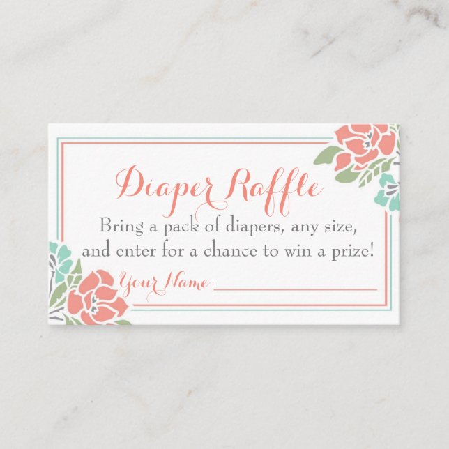 Floral Baby Duwer Windelwanne Raffle Ticket Coral  Begleitkarte (Vorderseite)