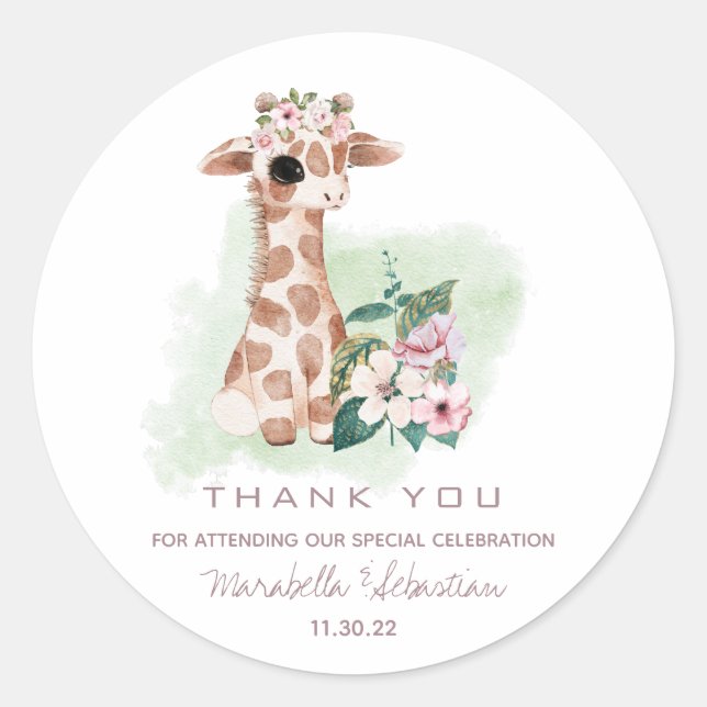 *~* Floral Baby Giraffe DANK DANK DANK Runder Aufkleber (Vorderseite)