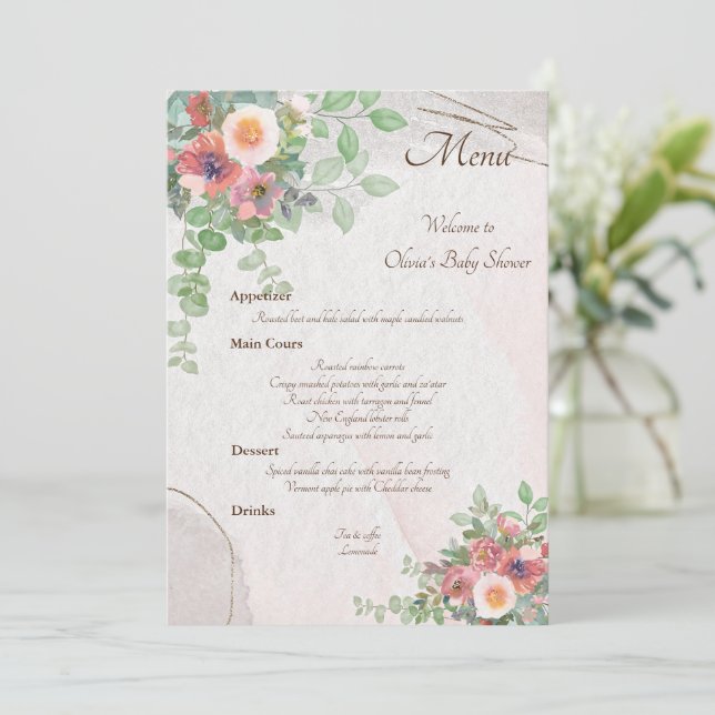 Floral Baby Girl Dusche Menükarte (Stehend Vorderseite)