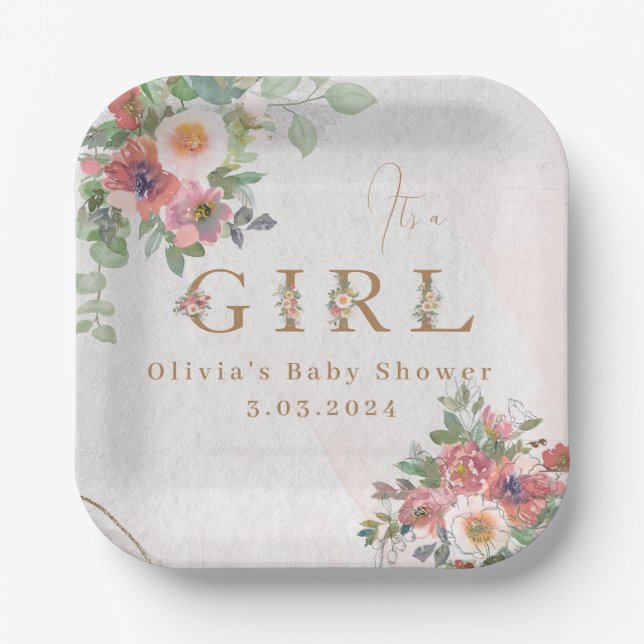 Floral Baby Girl Duschpapierplatte Pappteller (Vorderseite)