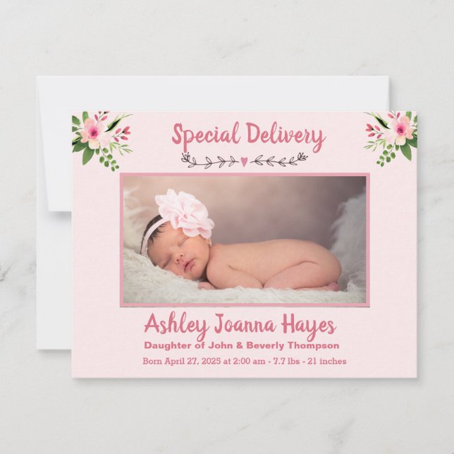 Floral Baby Girl Photo Faire-part de naissance (Devant)
