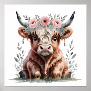 Floral Baby Highland Cow Kinderzimmer Print Poster