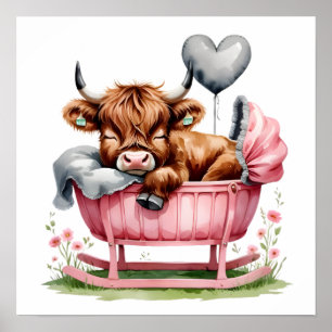 Floral Baby Highland Cow Kinderzimmer Print Poster