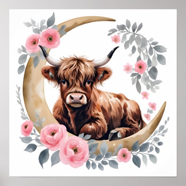 Floral Baby Highland Cow Nursery Print Poster (Vorne)