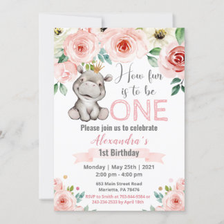 Floral Baby Hippo Princess Geburtstagsparty Einladung