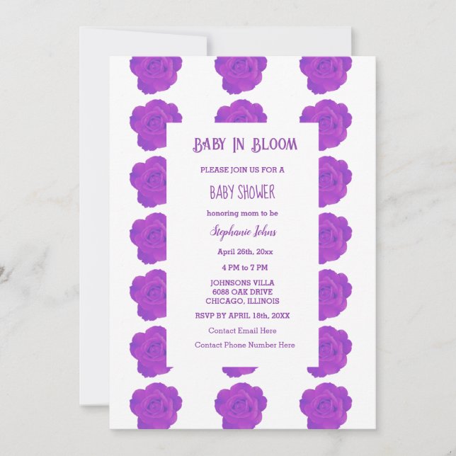 Floral Baby in Bloom Lila Rose Baby Duschmädchen Einladung (Vorderseite)