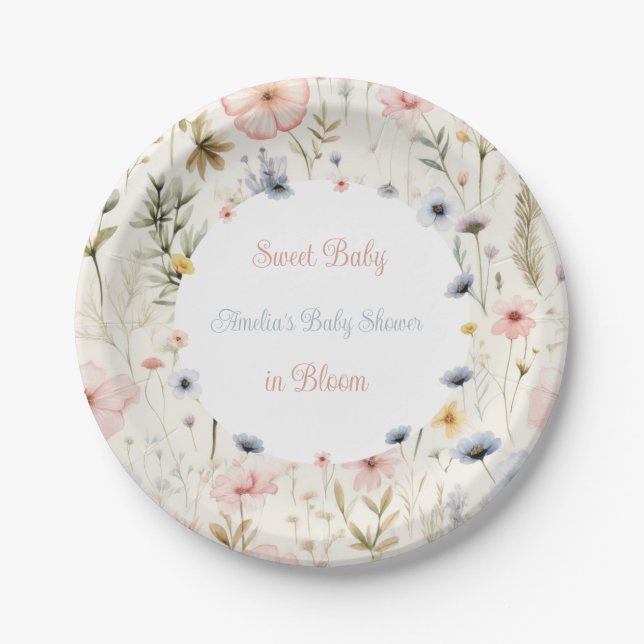 Floral Baby in Bloom Theme Kinderdusche Pappteller (Vorderseite)