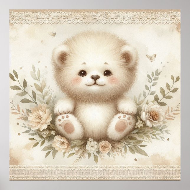 Floral Baby Lion Kinderzimmer Poster (Vorne)