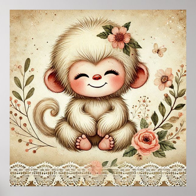 Floral Baby Monkey Kinderzimmer Poster (Vorne)